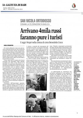 San Nicola Ortodosso - Arrivano 4mila Russi - Articolo Gazzetta di Bari del 2013